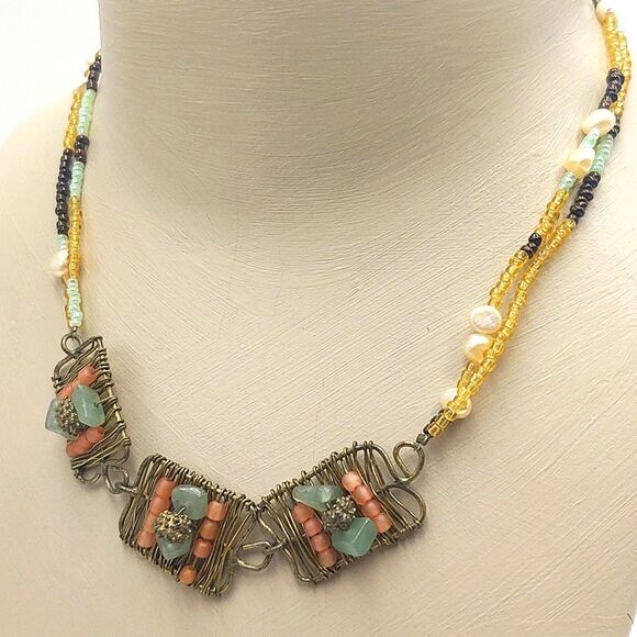 Boho Natural Pearls,  Glass Beads & Wire Wrapped Accent Necklace - Picture 7 of 8